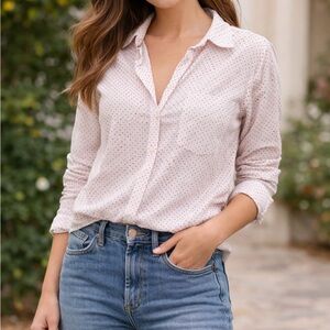 Frank & Eileen Barry Linen Shirt XS White Red Numbers Tailored Button-Up